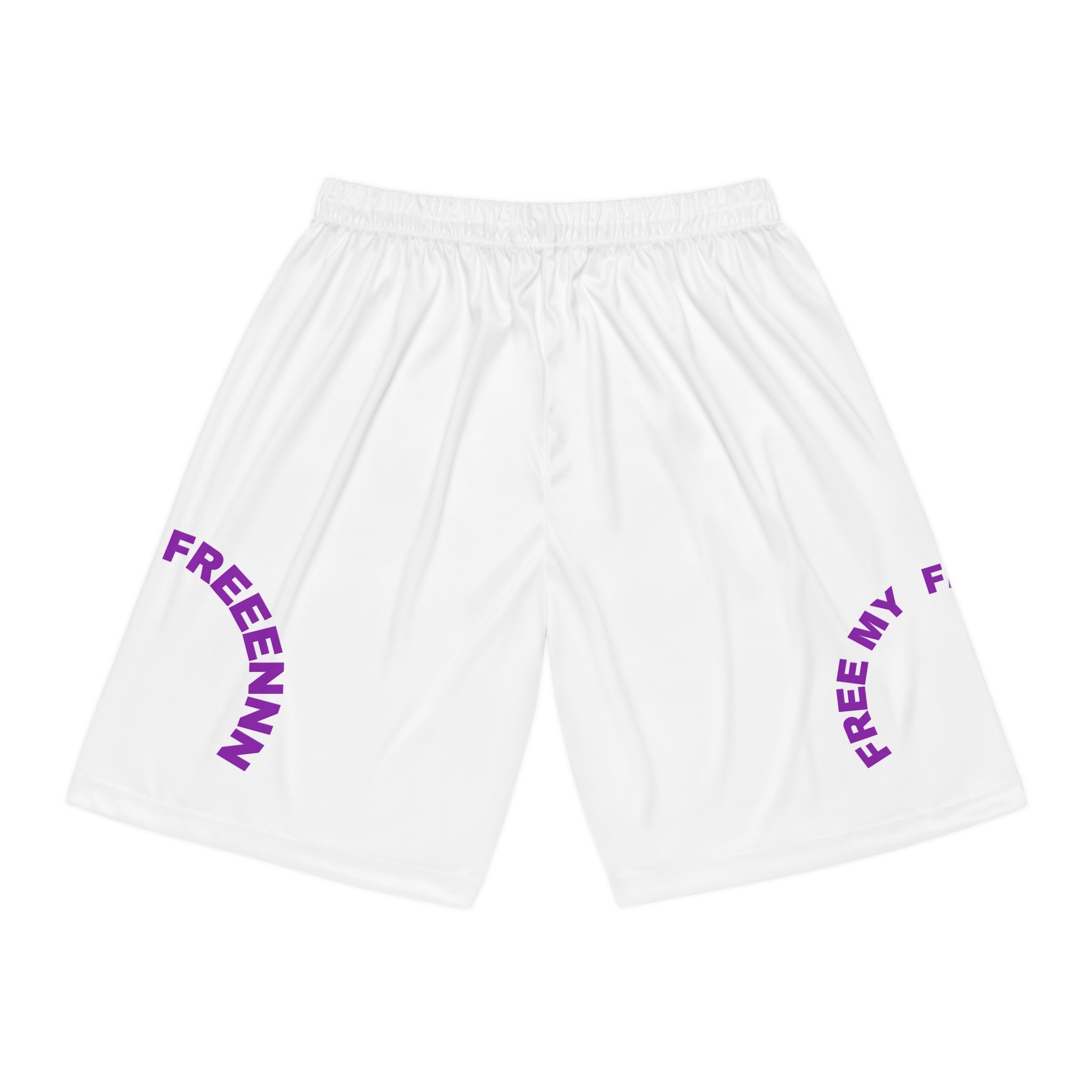 Free My Friends Basketball Shorts — White AOP Athletic Shorts with Purple Text