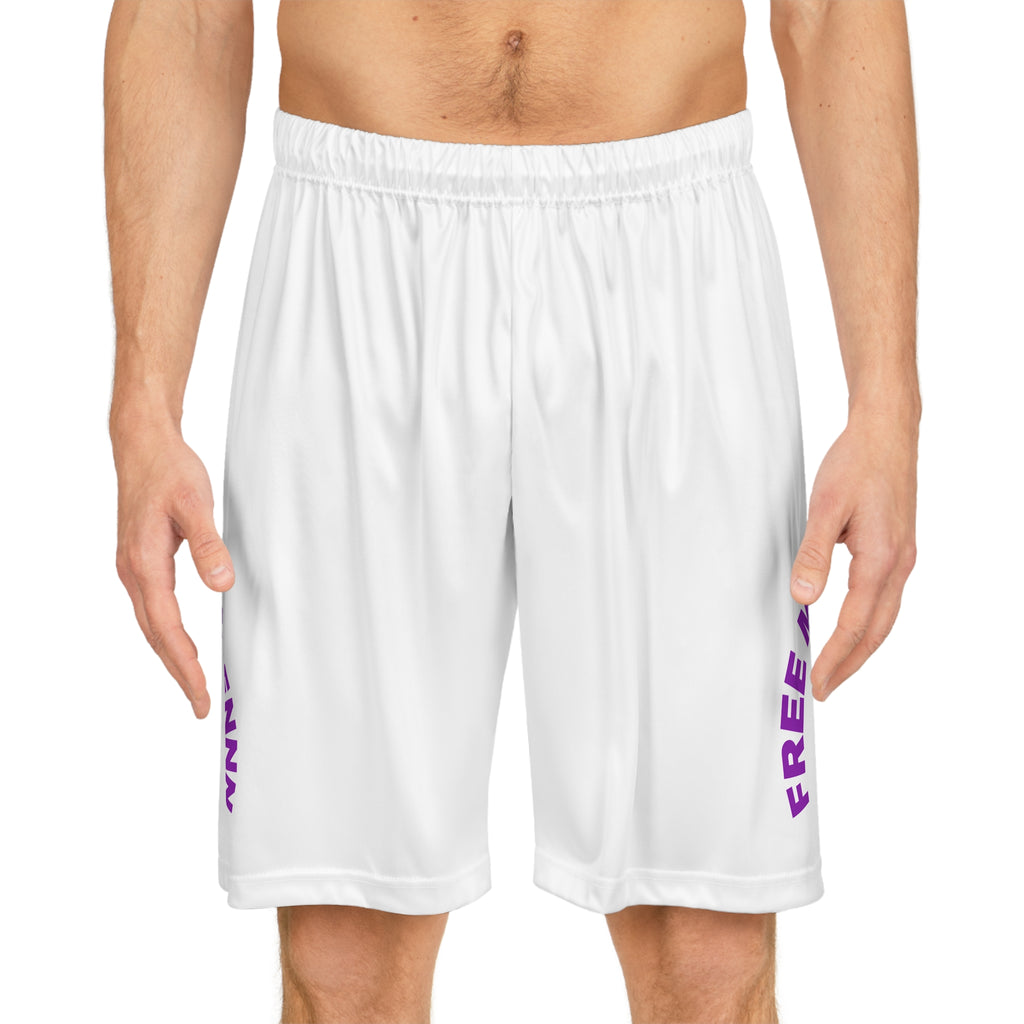 Free My Friends Basketball Shorts — White AOP Athletic Shorts with Purple Text