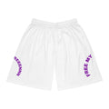 Free My Friends Basketball Shorts — White AOP Athletic Shorts with Purple Text