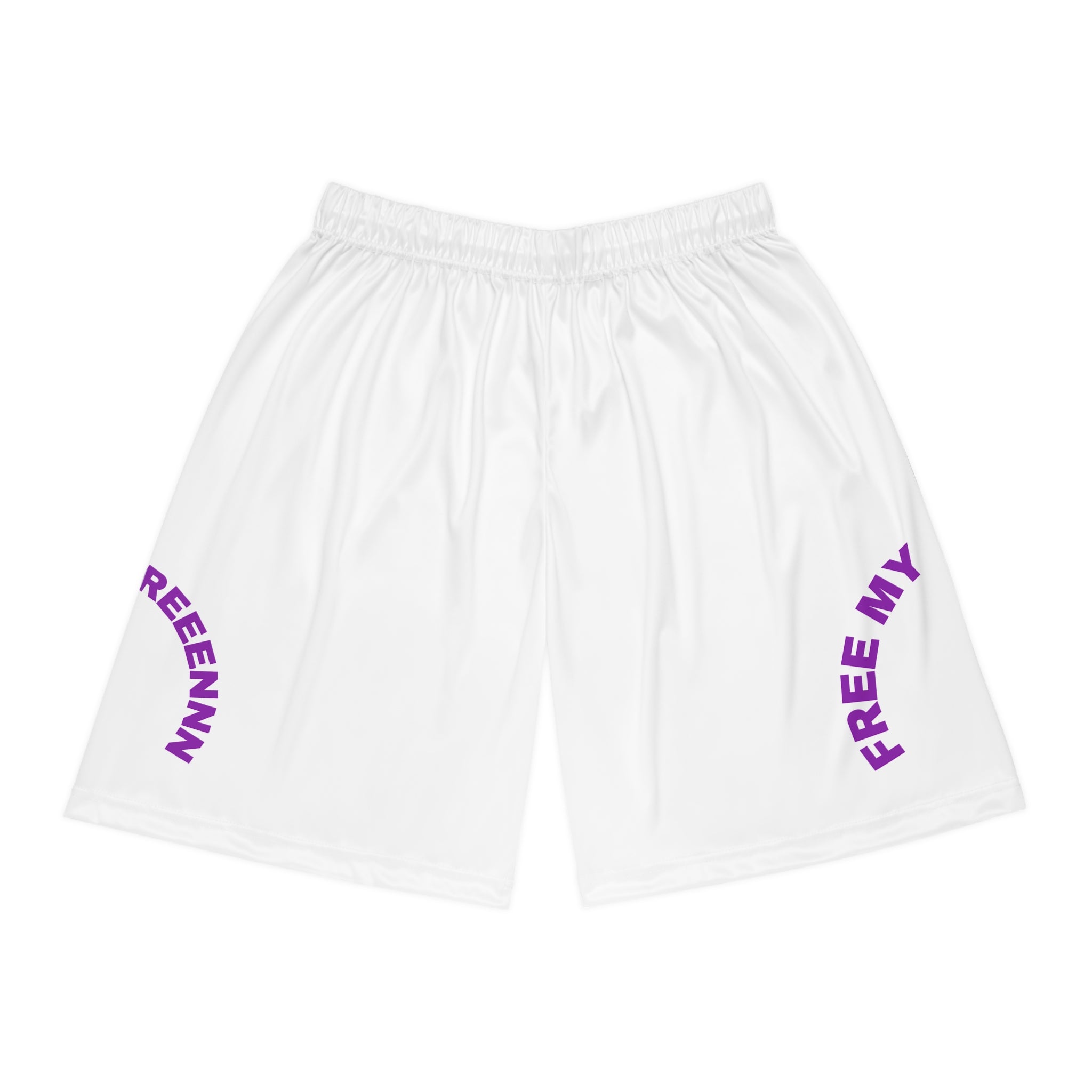 Free My Friends Basketball Shorts — White AOP Athletic Shorts with Purple Text