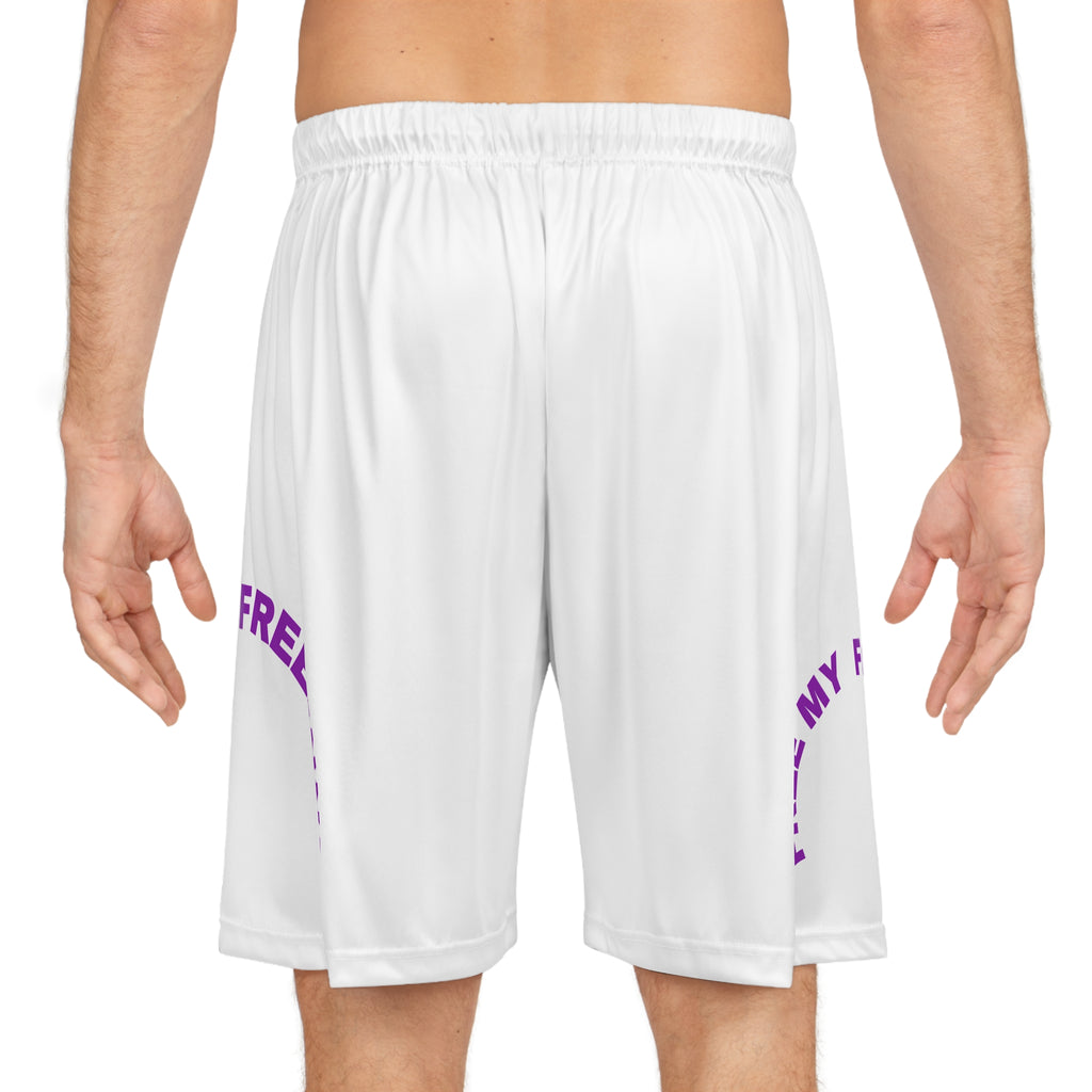 Free My Friends Basketball Shorts — White AOP Athletic Shorts with Purple Text